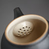 Close-up of black teapot spout with built-in strainer, beige interior.