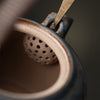 Inside view of a teapot showing a metallic tea strainer against the blue glaze.