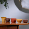 Variety of four earth-toned tea cups aligned on a wooden shelf, simple elegant design.