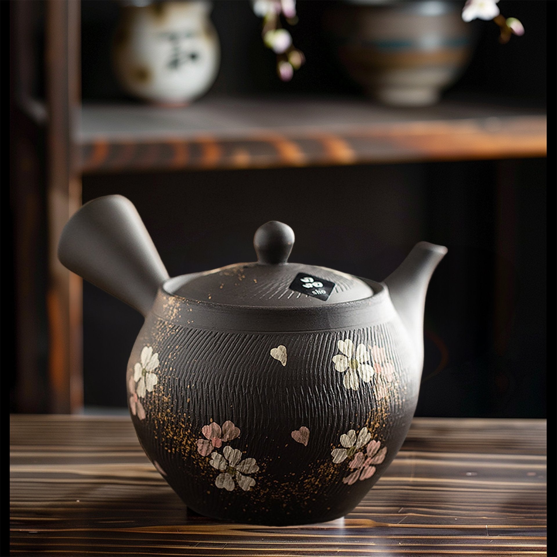 Aesthetic view of a dark teapot with floral decorations on a dark table.