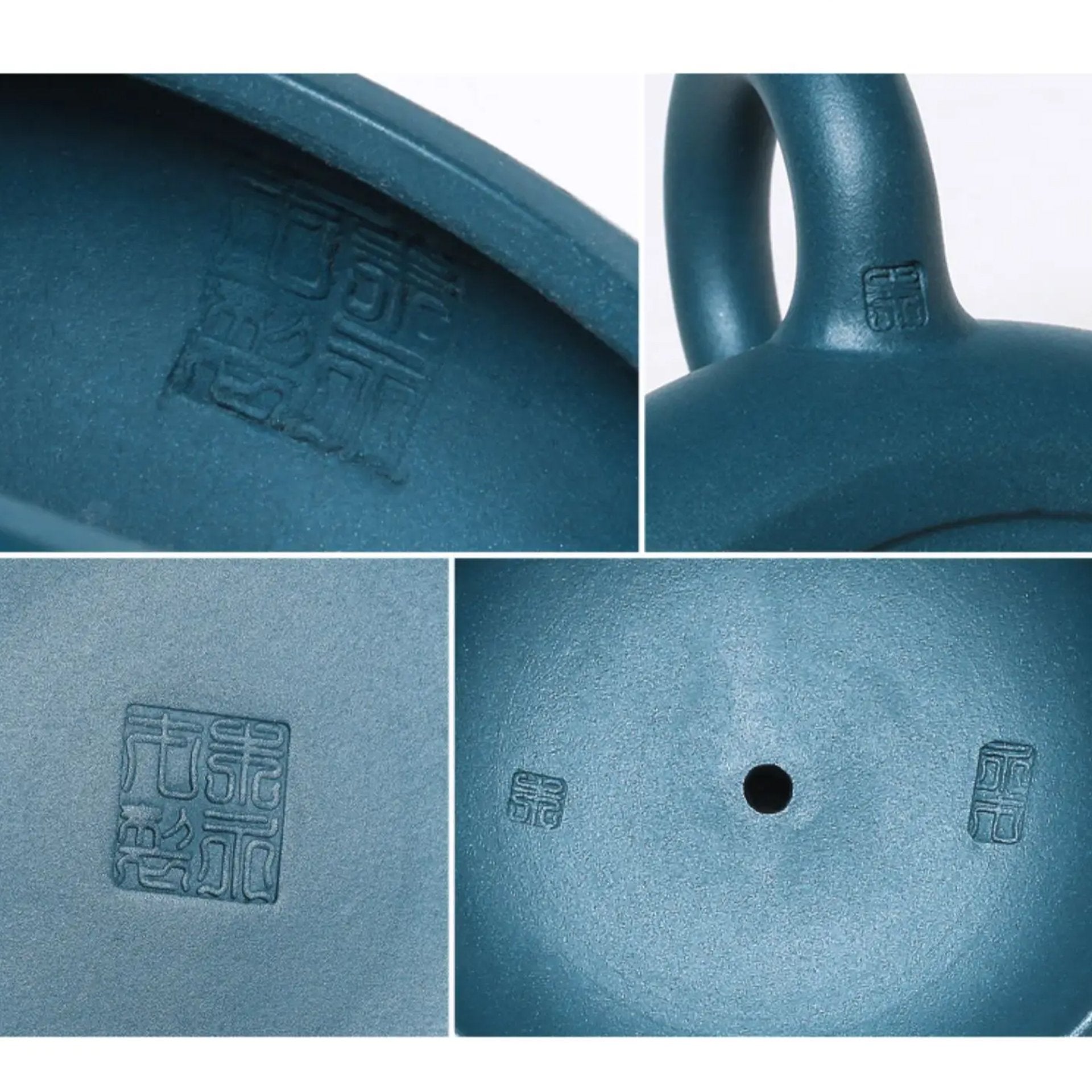 Close-up views of a blue teapot's details showing a stamp, spout, and body.