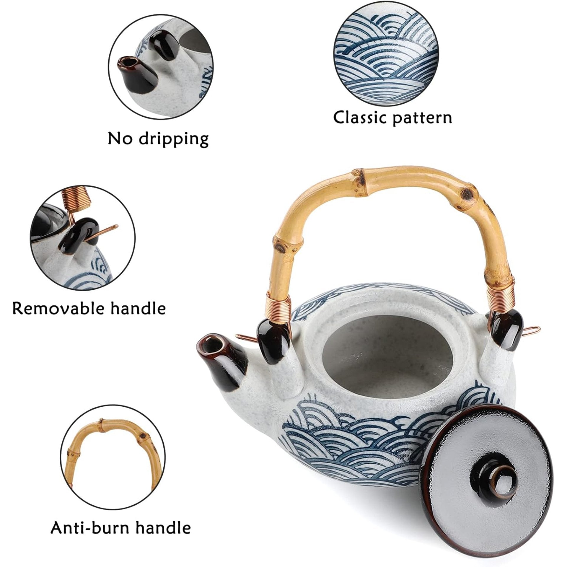 Features of a teapot showcased: no-drip spout, classic wave pattern, removable bamboo handle, and anti-burn design.