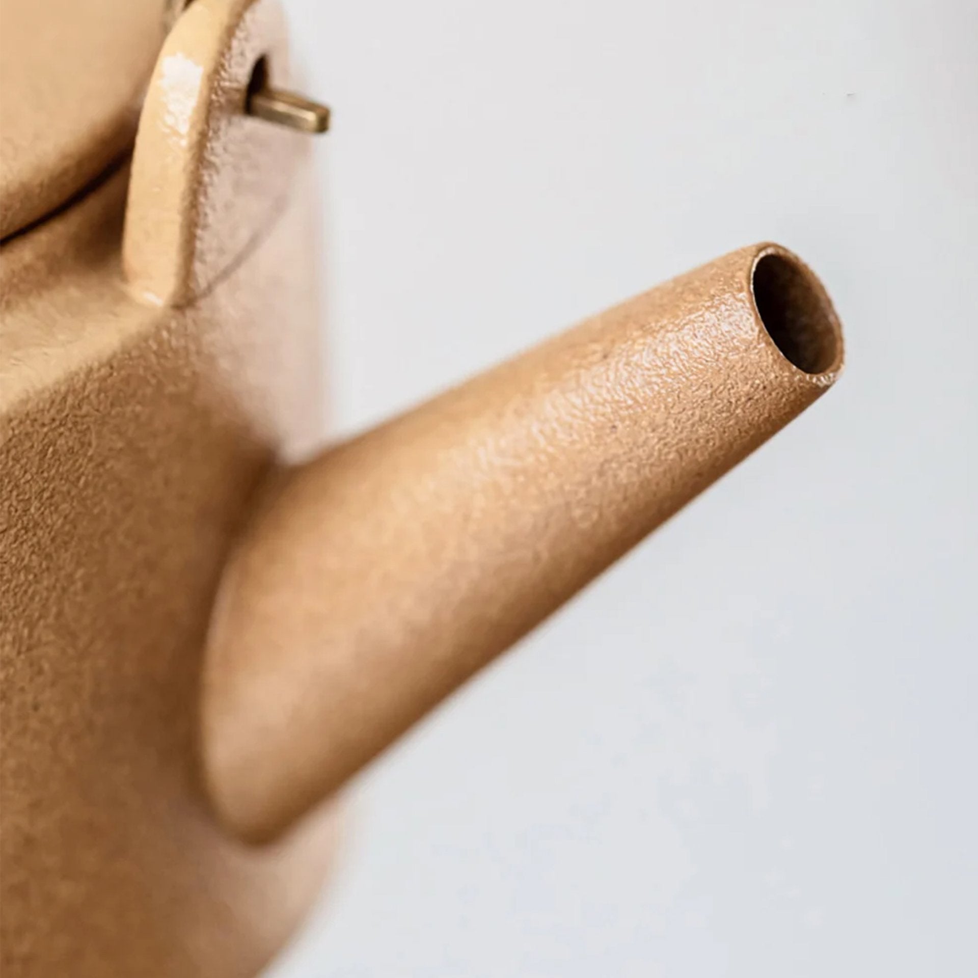 Close-up of beige kettle spout on a light background