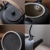 Detail shots of black kettle showing the lid, interior, spout, and base texture